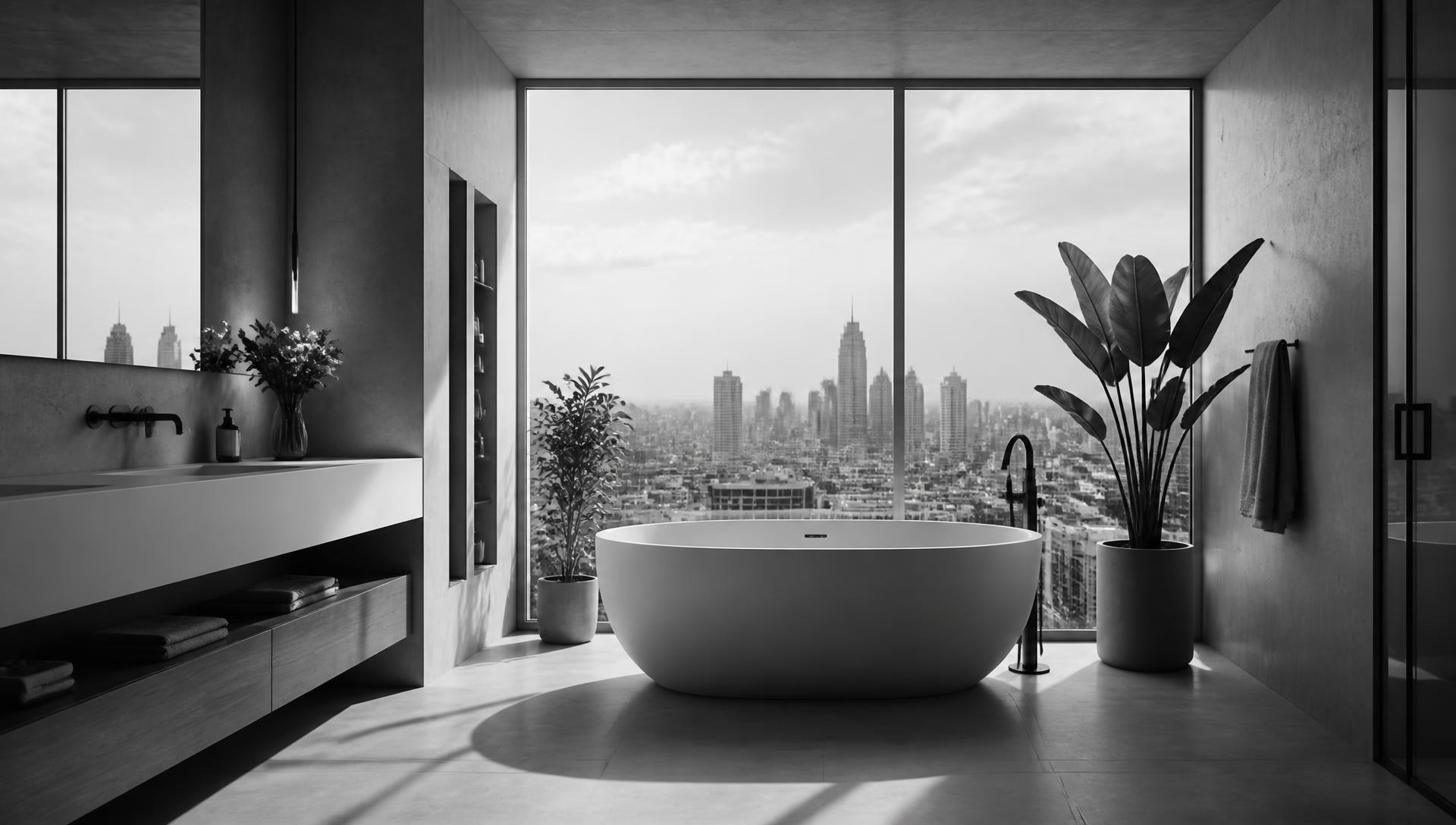 Monochrome view of a modern bathroom with a freestanding bathtub and city skyline